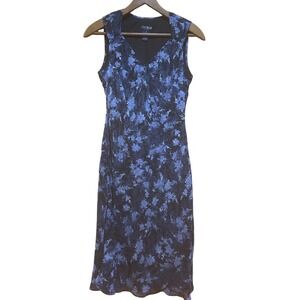 Vintage Y2K Eva Blue Beaded Blue Midi Dress Floral Print Size 8P Fairy Ethereal